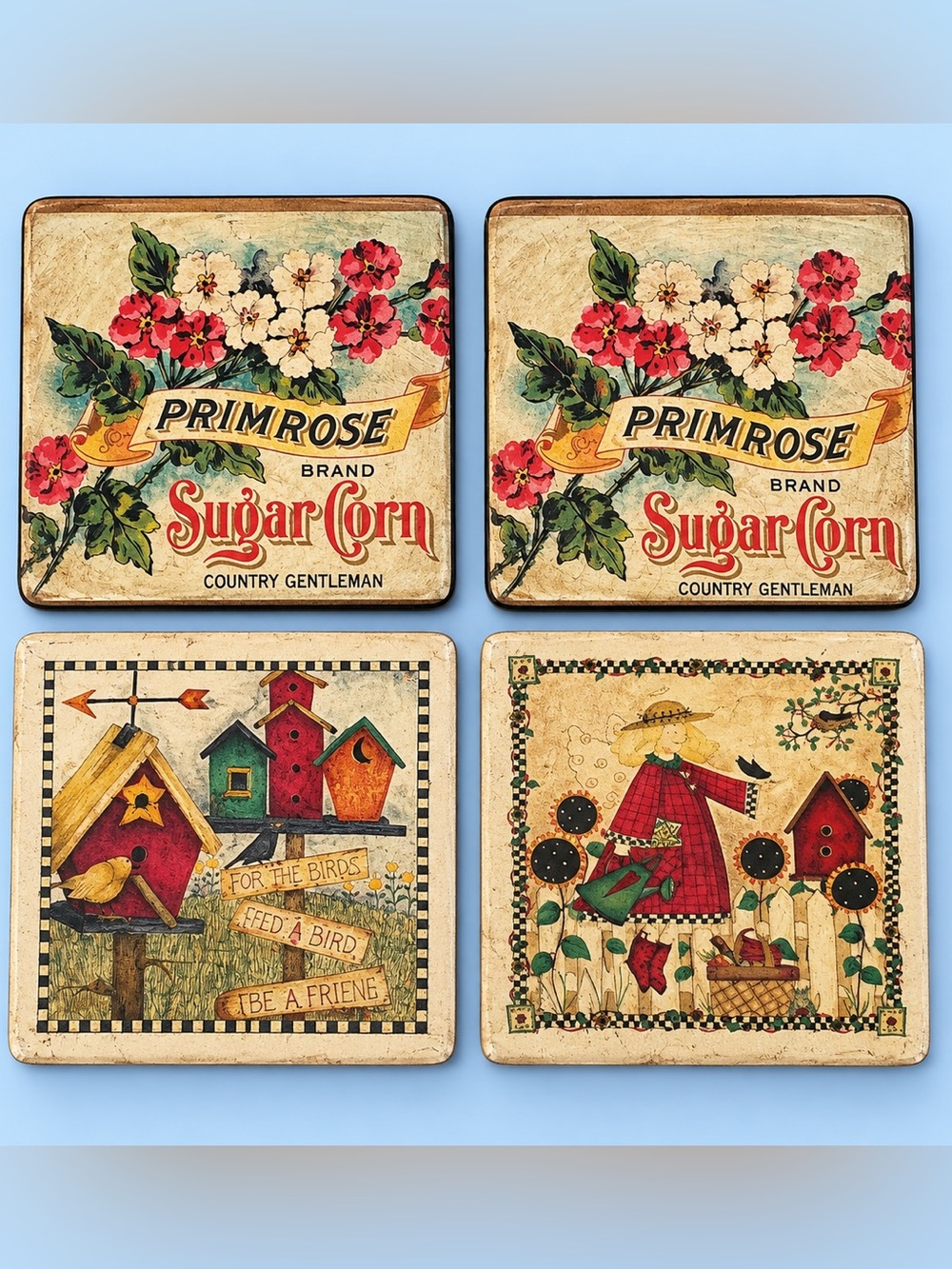 Primrose Sugar Corn Vintage Style Farmhouse Coasters and Folk Art Birdhouse cott